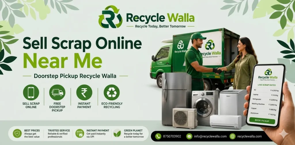 sell scrap online near me? Recycle Walla offers doorstep scrap pickup, live scrap prices, instant payment, and eco-friendly recycling services for homes & offices.