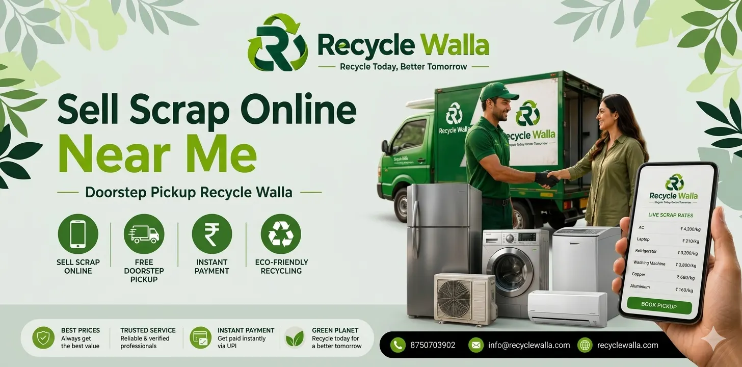 sell scrap online near me? Recycle Walla offers doorstep scrap pickup, live scrap prices, instant payment, and eco-friendly recycling services for homes & offices.